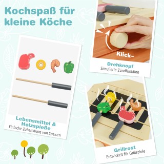 Costway Ξύλινη Παιδική Κουζίνα 90 x 35 x80 cm με Τρόφιμα και Σουβλά...