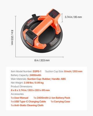 VEVOR Ηλεκτρική Βεντούζα 203mm με Οθόνη για Ισχύ & Μπαταρία, 200kg ...