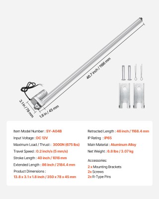 VEVOR Γραμμικός Ενεργοποιητής IP65 12V με Διαδρομή 1016mm FHXXXZXQ4...