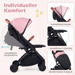 Costway Πτυσσόμενο ροζ καρότσι ταξιδιού με κάλυμμα βροχής, ρυθμιζόμ...