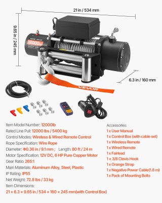 VEVOR Ηλεκτρικός Βίντσι 5400 kg με Ατσάλινο Σχοινί 9.1 mm x 24 m, 1...