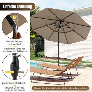 Costway Τρίφυλλη Καφέ Ομπρέλα Κήπου με Μανιβέλα και Ρυθμιζόμενη Κλί...