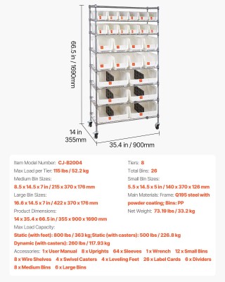 VEVOR 8-Επίπεδη Ραφιέρα με Ρόδες, Σύστημα Αποθήκευσης με 26 Κάδους ...