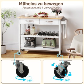 Costway Λευκός Ξύλινος Κουζινόκαρρο με Εργασιακή Επιφάνεια, Συρτάρι...