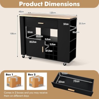 Costway Μαύρο Κουζινοκαρότσι & Μπαρ με Ρυθμιζόμενο Ράφι, Συρτάρι, Ρ...