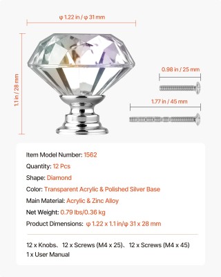 VEVOR Σετ Πόμολα Διαμέτρου 31mm, Διάφανη Ακρυλική και Κράμα Ψευδαργ...