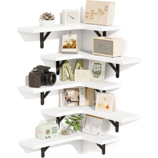 BAKAJI Σετ 5 Λευκών Ξύλινων Γωνιακών Ραφιών Τοίχου – Ράφι Γωνίας γι...