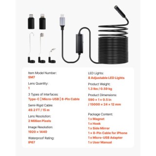 VEVOR Ενδοσκοπική Κάμερα Υψηλής Ανάλυσης για Android & IOS με Καλώδ...