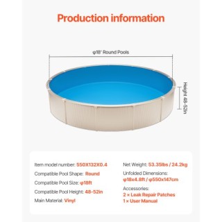 VEVOR Στρογγυλή Επένδυση Πισίνας 18ft για Ύψος Τοίχου 52in Μονόχρωμ...