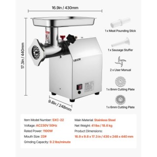 VEVOR Επαγγελματικός Ηλεκτρικός Κρεατομηχανή 9.2 Λίβρες/Λεπτό για Π...