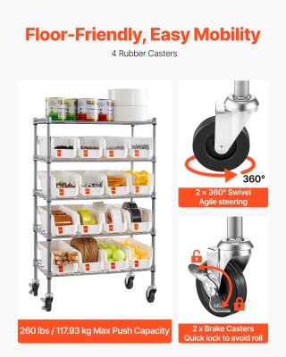 VEVOR Ράφι Αποθήκευσης με Ροδάκια, 5 Επιπέδων, 16 Κάδοι Οργάνωσης K...