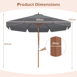 Costway Ομπρέλα κήπου 300 εκ. με μηχανισμό κλίσης και ξύλινο ιστό, ...