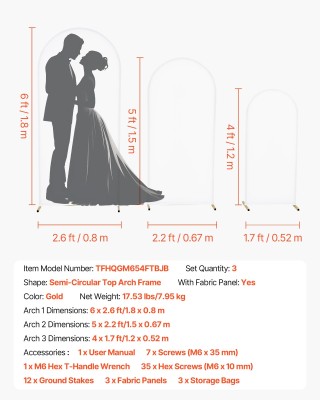 VEVOR Σετ 3 Μεταλλικών Χρυσών Αψίδων: Επιφάνειες 1.8/1.5/1.2μ – Στα...