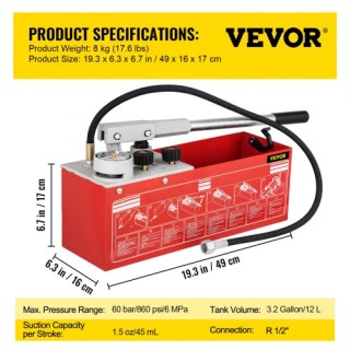 VEVOR Αντλία Υδροστατικής Πίεσης, Έως 60 bar/860 psi, Δοχείο 3.2 Γα... VEVOR Αντλία Υδροστατικής Πίεσης, Έως 60 bar/860 psi, Δοχείο 3.2 Γα...