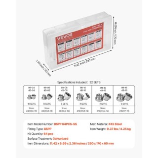 VEVOR Σετ Υδραυλικών Εξαρτημάτων BSPP 64 Τεμαχίων με Γαλβανισμένα Κ... VEVOR Σετ Υδραυλικών Εξαρτημάτων BSPP 64 Τεμαχίων με Γαλβανισμένα Κ...