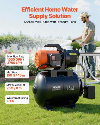 VEVOR Αυτόματη Αντλία Επιφανείας Jet 1HP με Δοχείο Πίεσης 19L, 230V...