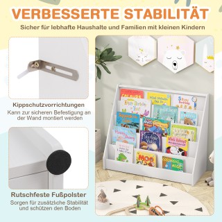 Costway Λευκή Παιδική Ραφιέρα με 5 Θέσεις, Βιβλιοθήκη & Σταντ Εφημε...