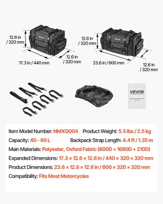 VEVOR Μοτοσυκλετιστική Τσάντα Οπίσθιας Θέσης 40-60L, 23.6 x 12.6 x ... VEVOR Μοτοσυκλετιστική Τσάντα Οπίσθιας Θέσης 40-60L, 23.6 x 12.6 x ...