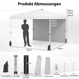 Costway Φορητό Λευκό Πτυσσόμενο Κιόσκι Κήπου 3x3m με Πλευρικό Τοίχο...