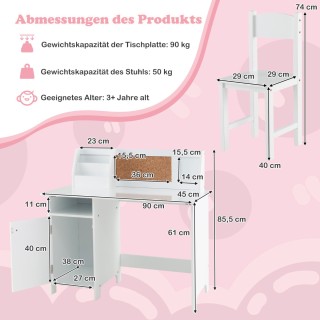 Costway Σετ Παιδικό Γραφείο από Ξύλο με Καρέκλα, Βιβλιοθήκη, Ντουλά...