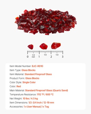 VEVOR Κοκκινοί Βράχοι Γυαλιού για Τζάκι, 3/4 Ίντσας, 10 Λίβρες για ...
