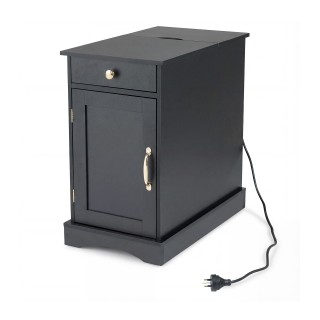 Costway Μαύρο Κομοδίνο με Σταθμό Φόρτισης, Ρυθμιζόμενο Ράφι, Ντουλά...