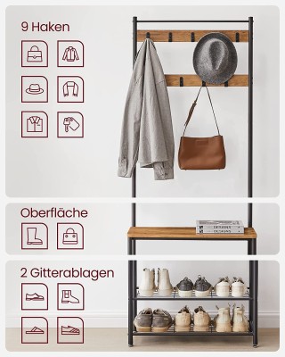 VASAGLE Μεταλλικό Έπιπλο Εισόδου με 3 Ράφια και 9 Κρεμάστρες, Καρυδ... VASAGLE Μεταλλικό Έπιπλο Εισόδου με 3 Ράφια και 9 Κρεμάστρες, Καρυδ...