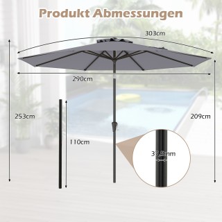 Costway Γκρι Τετράμετρος Τέντας Κήπου με Μηχανισμό και Κλίση 25° NP...