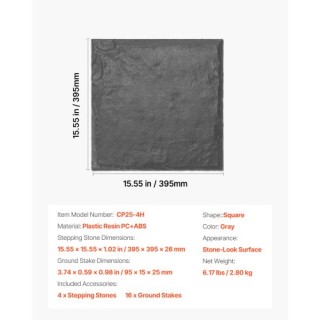 VEVOR Διακοσμητικές Πλάκες Βήματος 4τμχ 15,5 x 15,5 in Γκρι Πλακόστ...