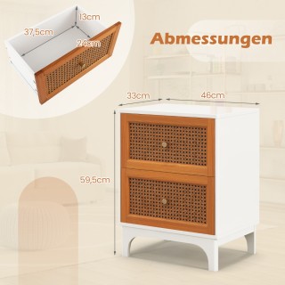 Costway Κομοδίνο Rattan με 2 συρτάρια, βοηθητικό τραπέζι με ξύλινα ...