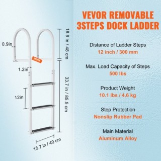 Αποσπώμενη Σκάλα Αλουμινίου VEVOR 3 Σκαλιών για Προβλήτες (500lbs) ...