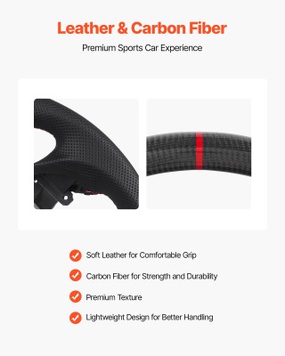 VEVOR Τιμόνι Ανθρακονήματος D-Shape Flat-Bottom με Δερμάτινη Λαβή γ...