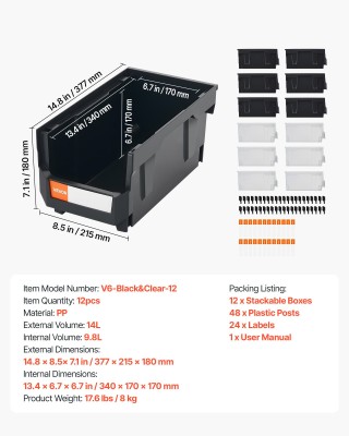 VEVOR Σετ από 12 Πλαστικές Στοιβαζόμενες Αποθηκευτικές Θήκες, Μέγεθ...