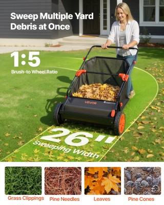 VEVOR Χειροκίνητος Σαρωτής Κήπου 66 εκ. με Σάκο Συλλογής 7 κυβ. ποδ...