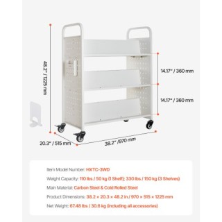 VEVOR Κινητή Βιβλιοθήκη 3 Επιπέδων Με Διπλής Όψης Ράφια σε Λευκό Χρ...