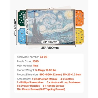 VEVOR Φορητός Ξύλινος Πίνακας Παζλ με Συρτάρια 1500 Κομματιών (86x6...