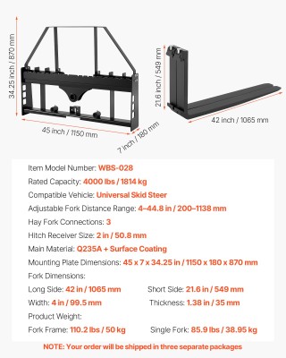 VEVOR Ισχυρά ανυψωτικά πιρούνια φορτωτή, 1814 kg, με πιρούνια 1065 ...
