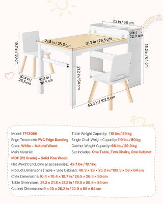 VEVOR Σετ Παιδικού Τραπεζιού και Καρεκλών με Αποθηκευτικό Ντουλάπι ...