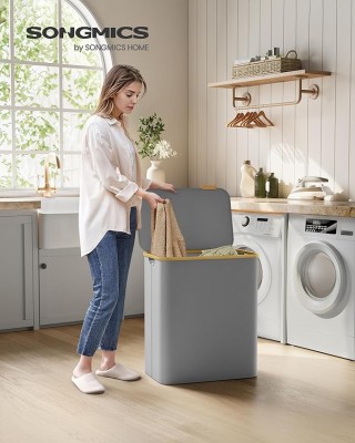 SONGMICS Μεγάλο Καλάθι Ρούχων 150L με Καπάκι και 3 Θήκες, Γκρι, 60x...