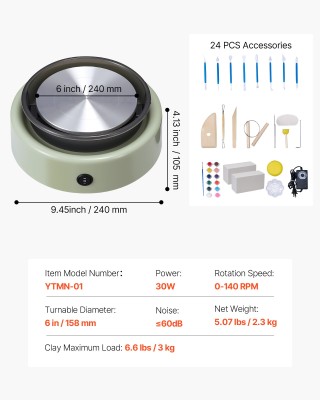 VEVOR Ηλεκτρικός Κεραμικός Τροχός για Παιδιά 158 mm - Πράσινος ETLP...