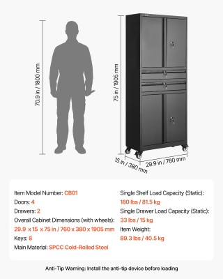 VEVOR Μεταλλική Ντουλάπα Αποθήκευσης με Ρόδες, Ρυθμιζόμενα Ράφια κα...