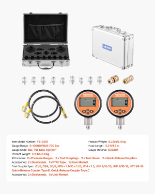VEVOR Σετ Δοκιμής Υδραυλικής Πίεσης Διπλού Μετρητή, 0-10,000 PSI/0-... VEVOR Σετ Δοκιμής Υδραυλικής Πίεσης Διπλού Μετρητή, 0-10,000 PSI/0-...