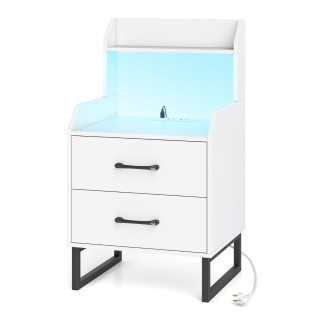 Costway Λευκό Κομοδίνο 80 x 40 x 45 cm με Ενσωματωμένη Φόρτιση, LED...