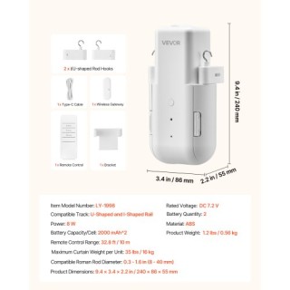 VEVOR Ηλεκτρικός Αυτόματος Ανοιχτήρας Κουρτινών για U/I σχήματος Ρά...
