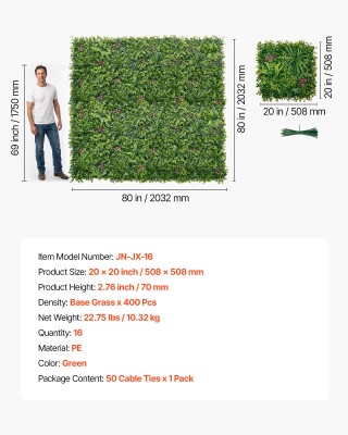 VEVOR Τεχνητός Τοίχος Φυτών, 16 τμχ. Πάνελ Πυξάρι 50,8 x 50,8 εκ., ...