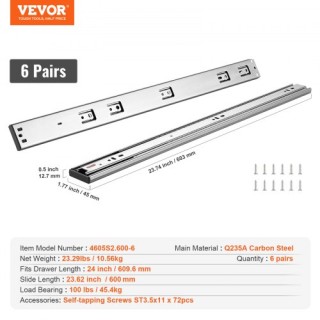 VEVOR 6 Ζεύγη Συρόμενων Οδηγών 609.6mm, Βαρέως Τύπου με Αθόρυβο Κλε...