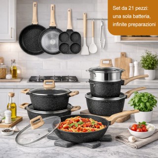 BAKAJI Σετ Μαγειρικών Σκευών 21 Τεμαχίων Μαύρο Χυτοπρεσαριστό Αντικ...