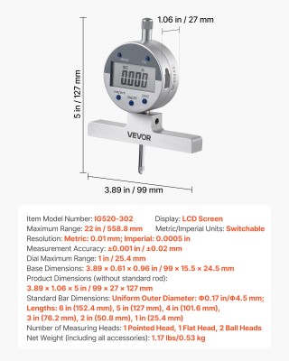 VEVOR Ηλεκτρονικός Ψηφιακός Βαθόμετρος 0-558,8 mm με Ανάλυση 0,01 m...