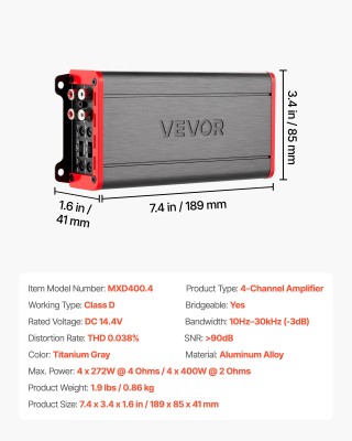VEVOR Τετρακάναλος Γεφυρώσιμος Ενισχυτής Αυτοκινήτου Class D, Μέγισ...