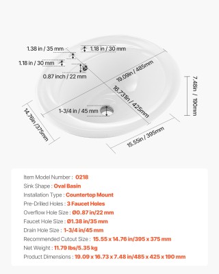 VEVOR Οβάλ Λευκό Κεραμικό Νιπτήρα 485 x 425 mm με Υπερχείλιση και 3... VEVOR Οβάλ Λευκό Κεραμικό Νιπτήρα 485 x 425 mm με Υπερχείλιση και 3...